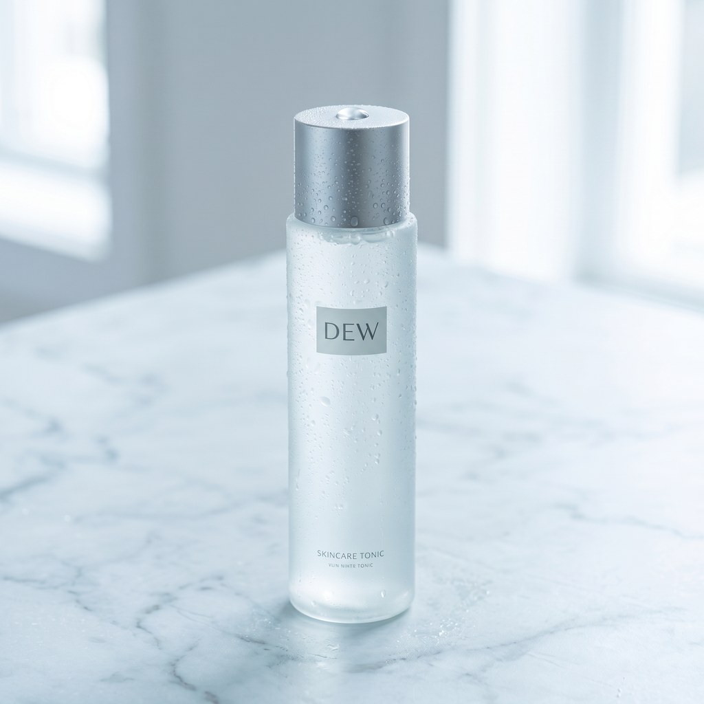 Dew tonic bottle, pale glass, on a dark surface