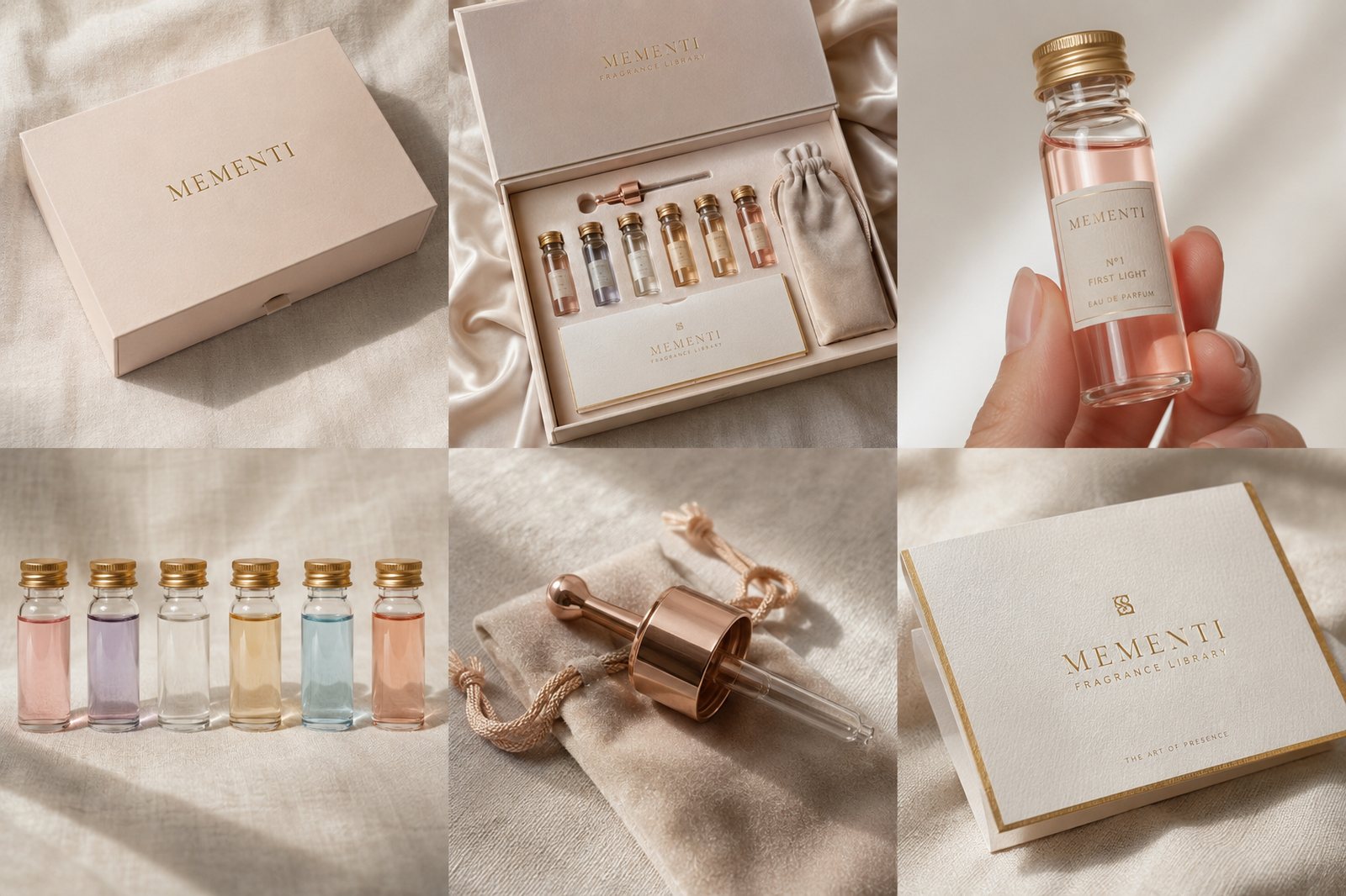 The Mementi fragrance library: presentation box, six vials, dropper, and card